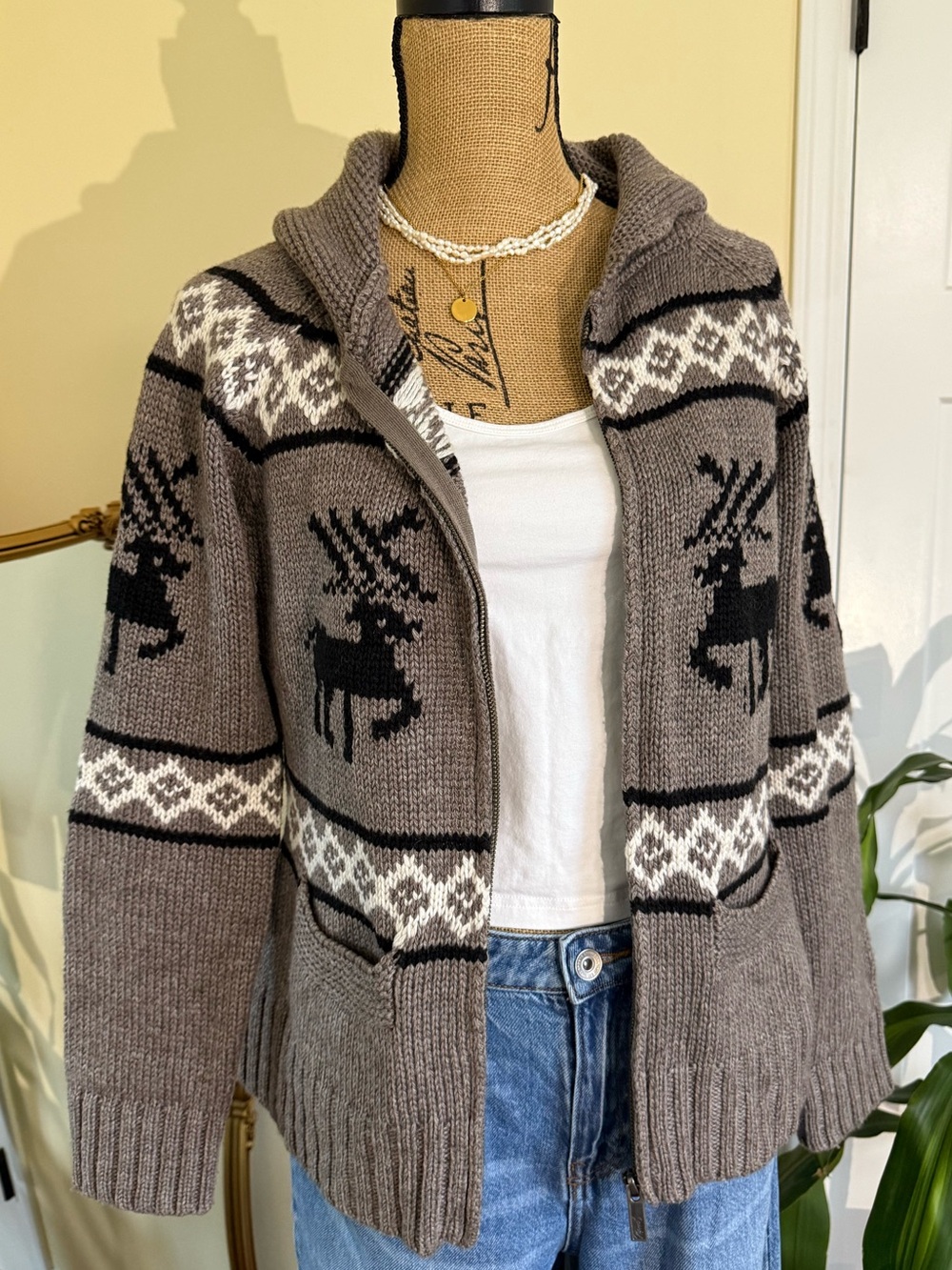 Kismet Gray Reindeer Zip-Up Cardigan with Black & Cream Fair Isle